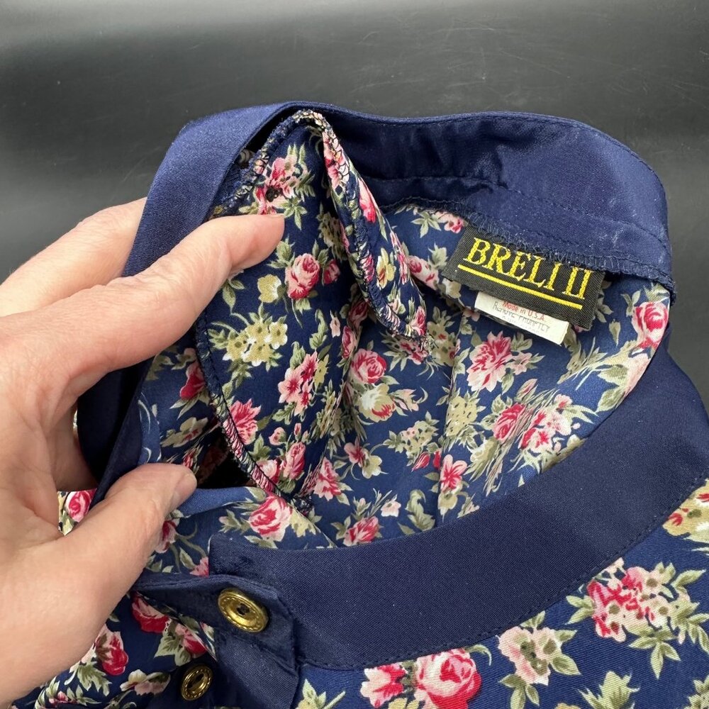 Vintage Floral Pleated Dress Navy Blue Pink Rose 80s Union Made USA Button Front - Picture 8 of 9